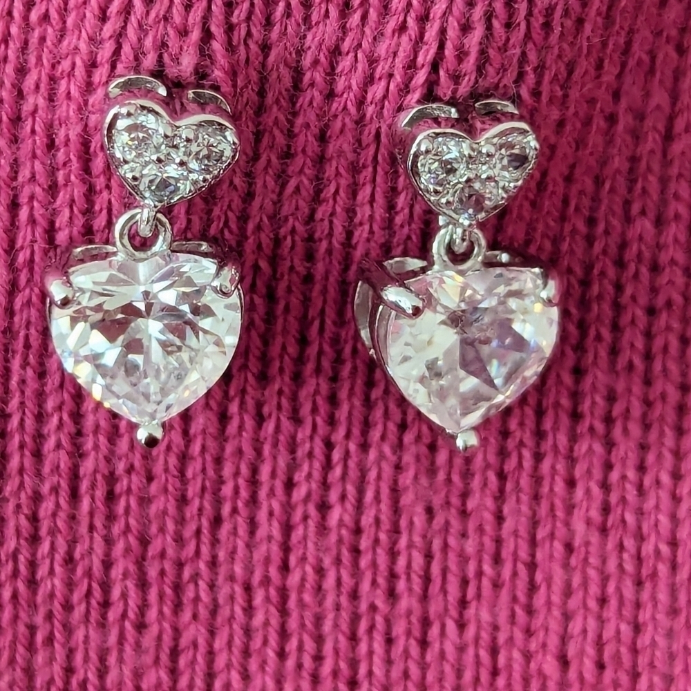 ♥️ Cubic Zirconia Two hearts rhinestone earrings posts Silvertone Valentine's
